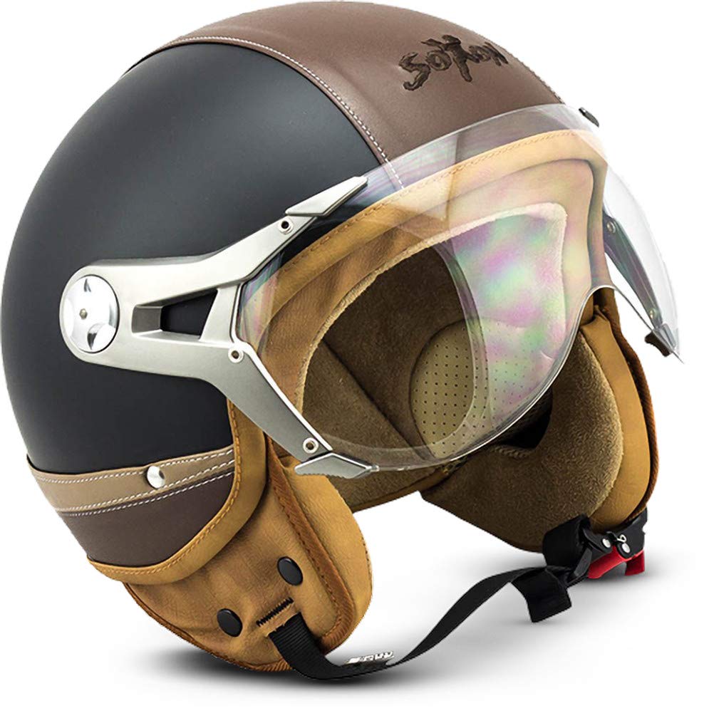 Soxon® SP-325 Urban „Black“ · Jet-Helm · Motorrad-Helm Roller-Helm Scooter-Helm Moped Mofa-Helm Chopper Retro Vespa Vintage Pilot · ECE 22.05 Visier Leather-Design Schnellverschluss Tasche L (59-60cm) von Soxon