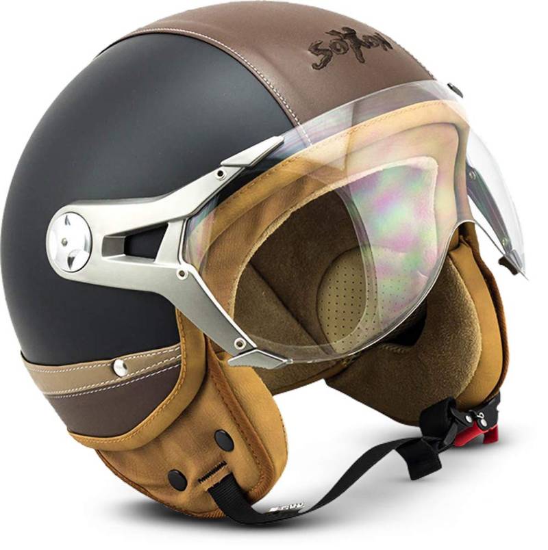 Soxon® SP-325 Urban „Black“ · Jet-Helm · Motorrad-Helm Roller-Helm Scooter-Helm Moped Mofa-Helm Chopper Retro Vespa Vintage Pilot · ECE 22.05 Visier Leather-Design Schnellverschluss Tasche M (57-58cm) von Soxon