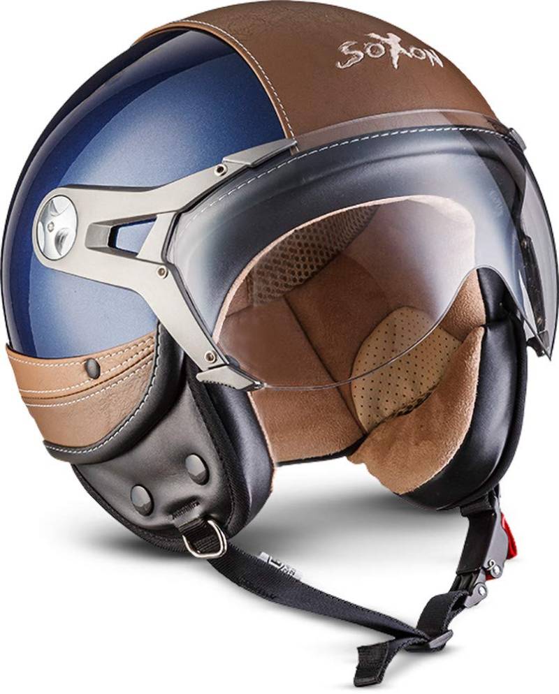 Soxon® SP-325 Urban „Blue“ · Jet-Helm · Motorrad-Helm Roller-Helm Scooter-Helm Moped Mofa-Helm Chopper Retro Vespa Vintage Pilot · ECE 22.05 Visier Leather-Design Schnellverschluss Tasche L (59-60cm) von Soxon