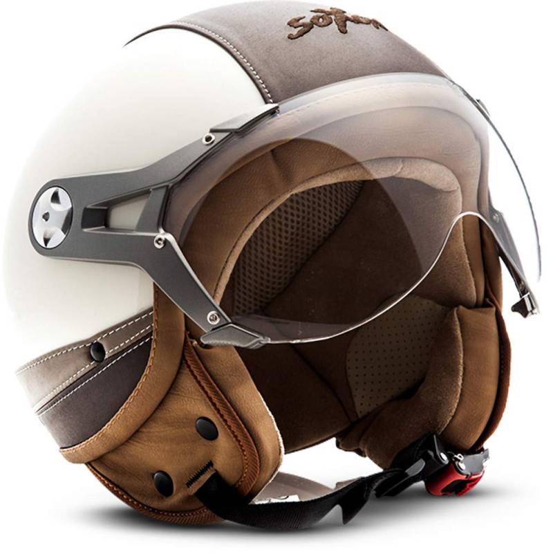 Soxon® SP-325 Urban „Creme“ · Jet-Helm · Motorrad-Helm Roller-Helm Scooter-Helm Moped Mofa-Helm Chopper Retro Vespa Vintage Pilot · ECE 22.05 Visier Leather-Design Schnellverschluss Tasche S (55-56cm) von Soxon