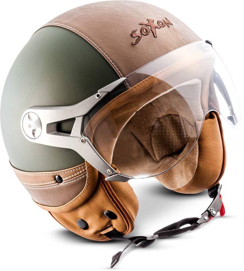 Soxon® SP-325 Urban „Green“ · Jet-Helm · Motorrad-Helm Roller-Helm Scooter-Helm Moped Mofa-Helm Chopper Retro Vespa Vintage · ECE 22.05 Visier Leather-Design Schnellverschluss Tasche XL (61-62cm) von Soxon