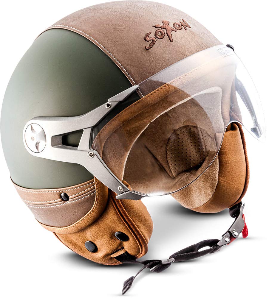 Soxon® SP-325 Urban „Green“ · Jet-Helm · Motorrad-Helm Roller-Helm Scooter-Helm Moped Mofa-Helm Chopper Retro Vespa Vintage Pilot · ECE 22.05 Visier Leather-Design Schnellverschluss Tasche L (59-60cm) von Soxon