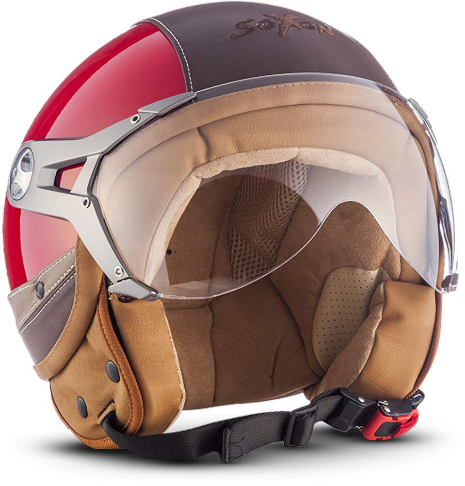 Soxon® SP-325 Urban „Red“ · Jet-Helm · Motorrad-Helm Roller-Helm Scooter-Helm Moped Mofa-Helm Chopper Retro Vespa Vintage Pilot · ECE 22.05 Visier Leather-Design Schnellverschluss Tasche L (59-60cm) von Soxon