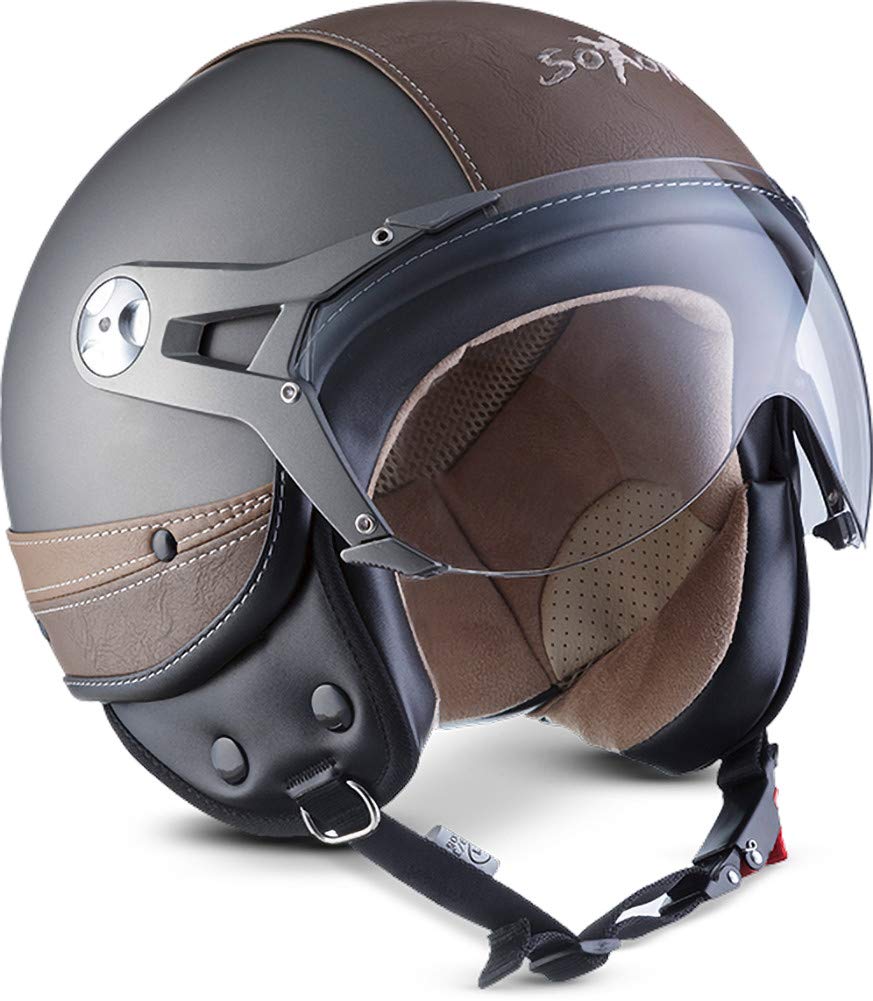 Soxon® SP-325 Urban „Titan“ · Jet-Helm · Motorrad-Helm Roller-Helm Scooter-Helm Moped Mofa-Helm Chopper Retro Vespa Vintage · ECE 22.05 Visier Leather-Design Schnellverschluss Tasche XS (53-54cm) von Soxon