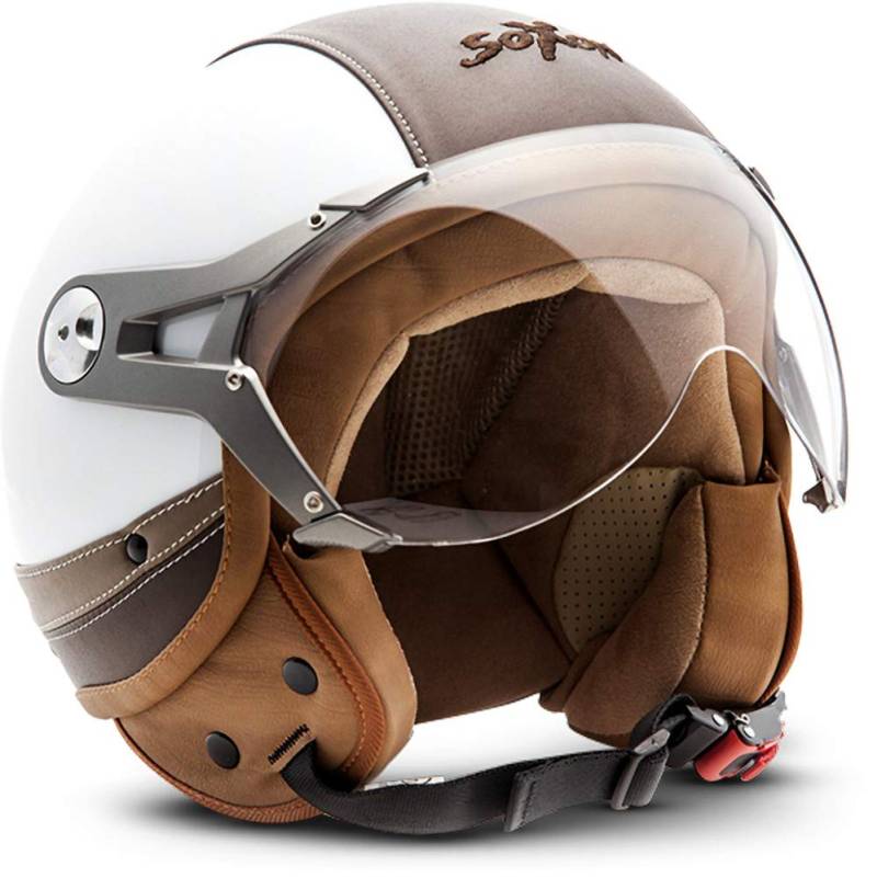 Soxon® SP-325 Urban „White“ · Jet-Helm · Motorrad-Helm Roller-Helm Scooter-Helm Moped Mofa-Helm Chopper Retro Vespa Vintage Pilot · ECE 22.05 Visier Leather-Design Schnellverschluss Tasche L (59-60cm) von Soxon