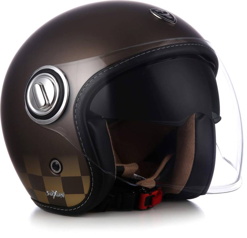 Soxon® SP-888 „Bronze“ · Jet-Helm · Motorrad-Helm Roller-Helm Scooter-Helm Moped Mofa-Helm Chopper Retro Vespa Vintage Pilot · ECE 22.05 Sonnenvisier Schnellverschluss SlimShell Tasche S (55-56cm) von Soxon