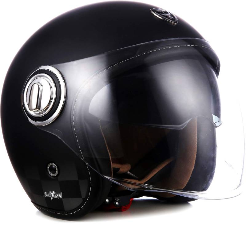 Soxon® SP-888 „Night“ · Jet-Helm · Motorrad-Helm Roller-Helm Scooter-Helm Moped Mofa-Helm Chopper Retro Vespa Vintage Pilot · ECE 22.05 Sonnenvisier Schnellverschluss SlimShell Tasche L (59-60cm) von Soxon