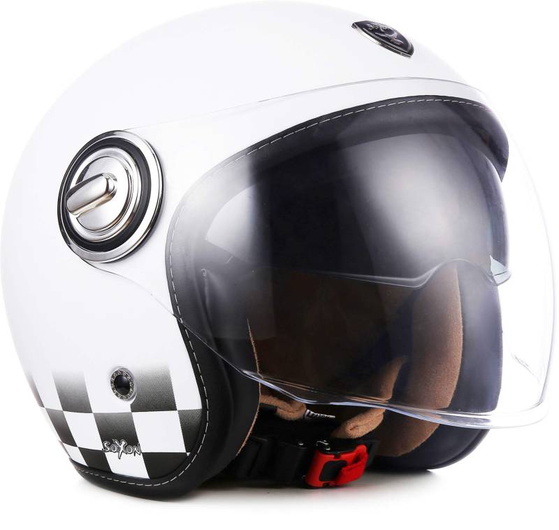 Soxon® SP-888 „Snow“ · Jet-Helm · Motorrad-Helm Roller-Helm Scooter-Helm Moped Mofa-Helm Chopper Retro Vespa Vintage Pilot · ECE 22.05 Sonnenvisier Schnellverschluss SlimShell Tasche XL (61-62cm) von Soxon