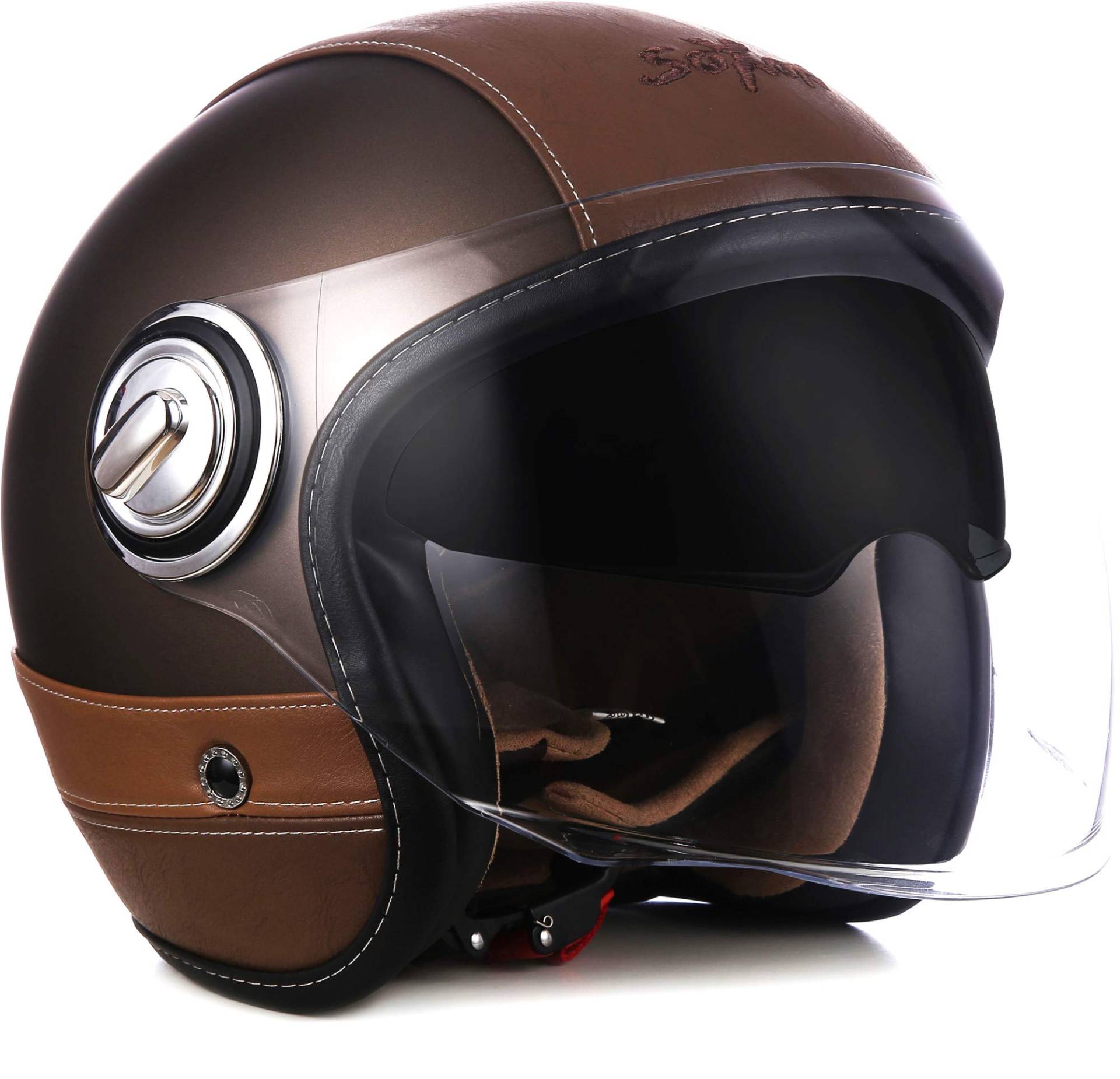 Soxon® SP-888 Pro „Urban Bronze“ · Jet-Helm · Motorrad-Helm Roller-Helm Scooter-Helm Moped Mofa-Helm Chopper · ECE 22.05 Sonnenvisier Leather-Design Schnellverschluss SlimShell Tasche L (59-60cm) von Soxon