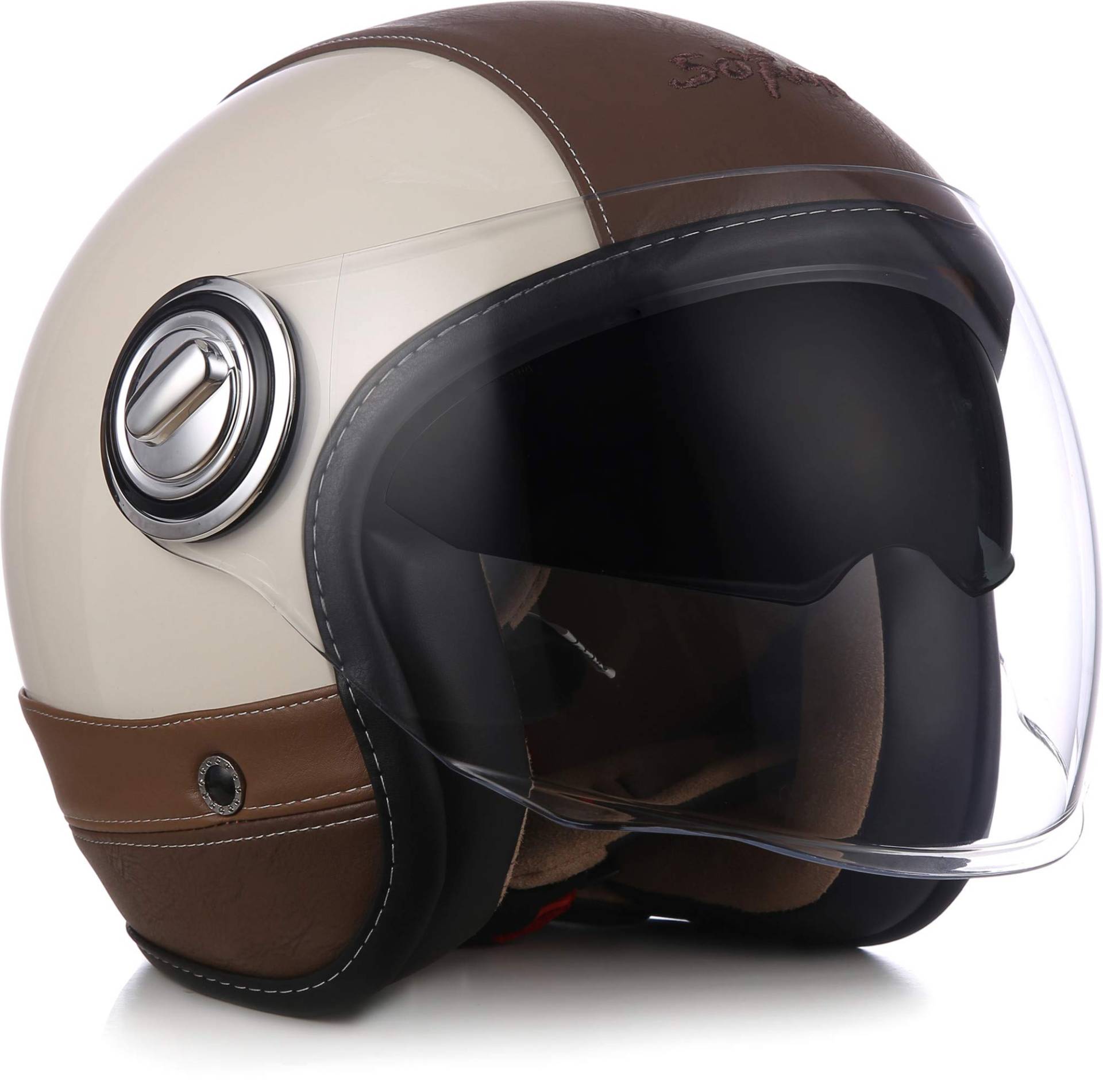 Soxon® SP-888 Pro „Urban Creme“ · Jet-Helm · Motorrad-Helm Roller-Helm Scooter-Helm Moped Mofa-Helm Chopper · ECE 22.05 Sonnenvisier Leather-Design Schnellverschluss SlimShell Tasche XL (61-62cm) von Soxon