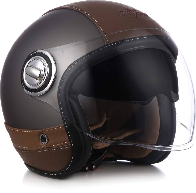 Soxon® SP-888 Pro „Urban Titan“ · Jet-Helm · Motorrad-Helm Roller-Helm Scooter-Helm Moped Mofa-Helm Chopper · ECE 22.05 Sonnenvisier Leather-Design Schnellverschluss SlimShell Tasche XS (53-54cm) von Soxon