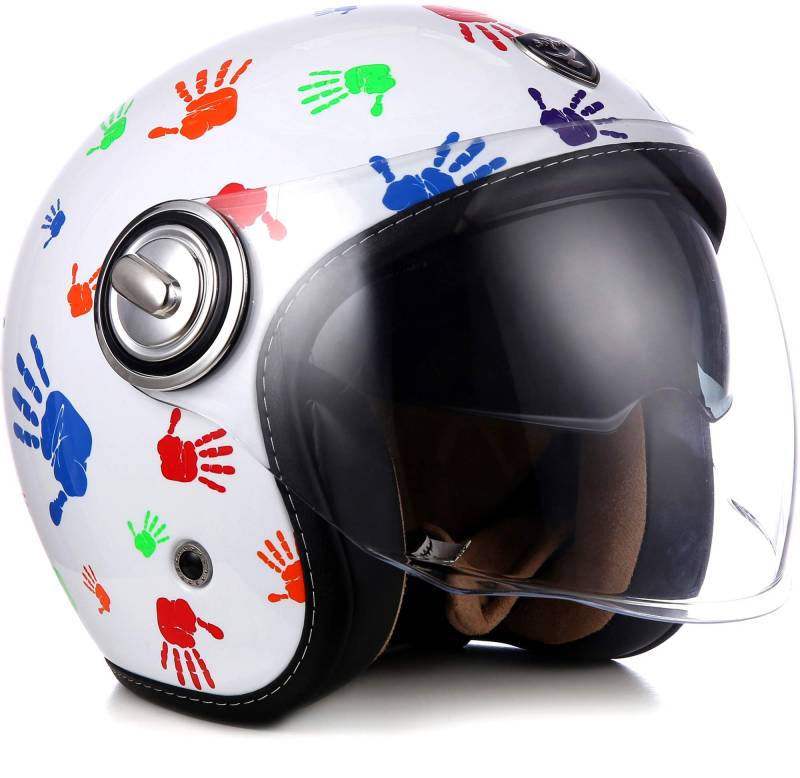 Soxon® SP-888 „Color Hands“ · Jet-Helm · Motorrad-Helm Roller-Helm Scooter-Helm Moped Mofa-Helm Chopper Retro Vespa Vintage · ECE 22.05 Sonnenvisier Schnellverschluss SlimShell Tasche L (59-60cm) von Soxon