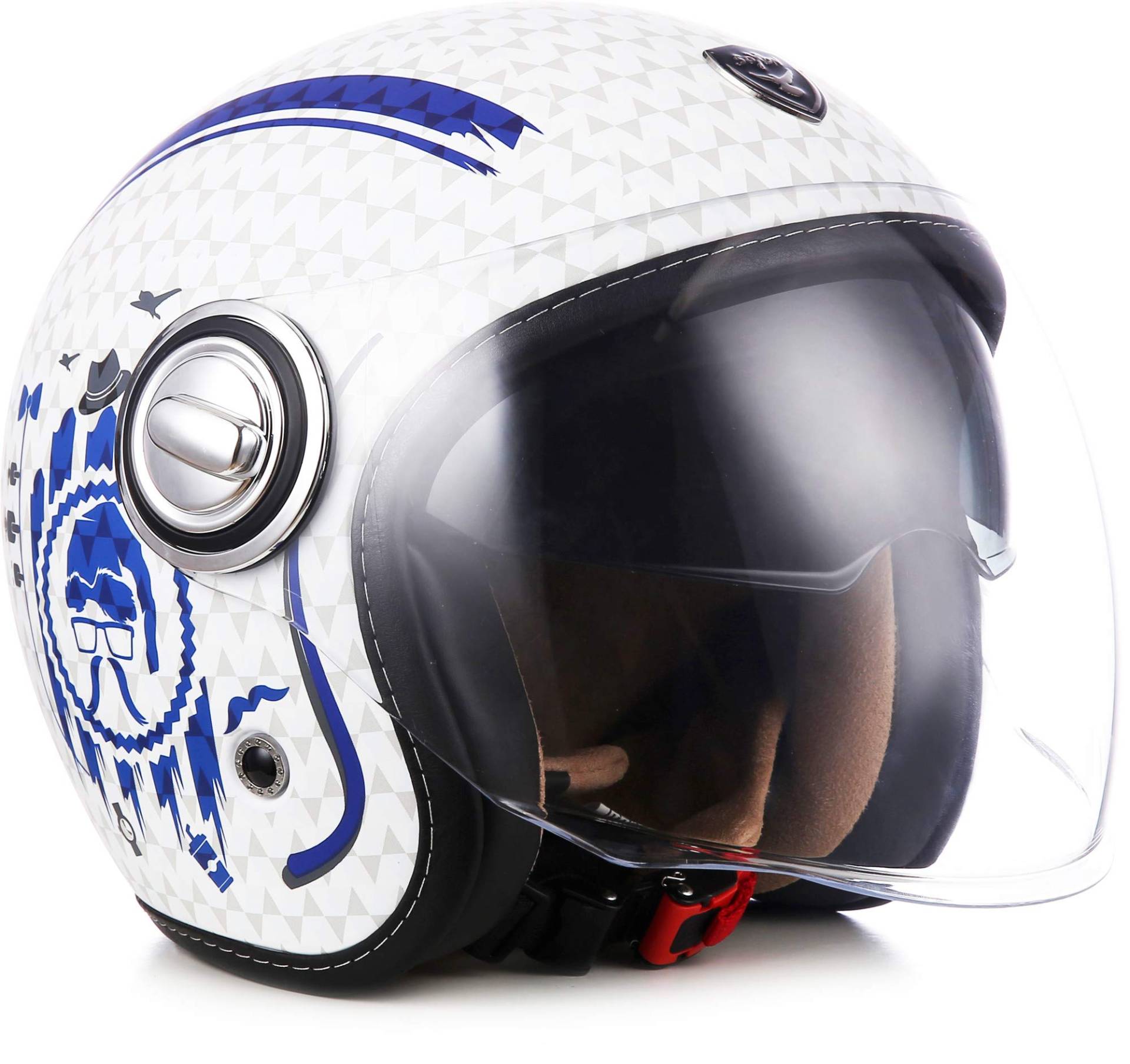 Soxon® SP-888 „Sir Blue“ · Jet-Helm · Motorrad-Helm Roller-Helm Scooter-Helm Moped Mofa-Helm Chopper Retro Vespa Vintage Pilot · ECE 22.05 Sonnenvisier Schnellverschluss SlimShell Tasche M (57-58cm) von Soxon