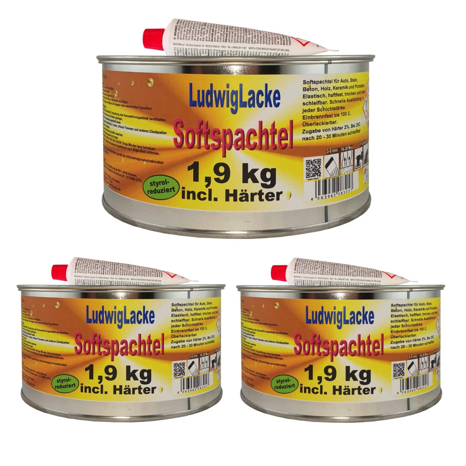 3 x Softspachtel Inclusive Härter 1,9 kg zur Autoreparatur von Spachtelmasse Soft