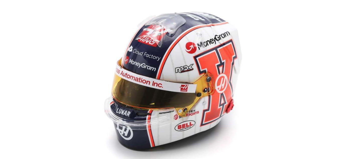 Haas F1 Team Kevin Magnussen USA Miami Grand Prix 2023 Saison Premium Erwachsene Sammelhelm Genaues Profil Lackierung Realistische Markierungen Öffnen Visier Acryl Vitrine von Spark