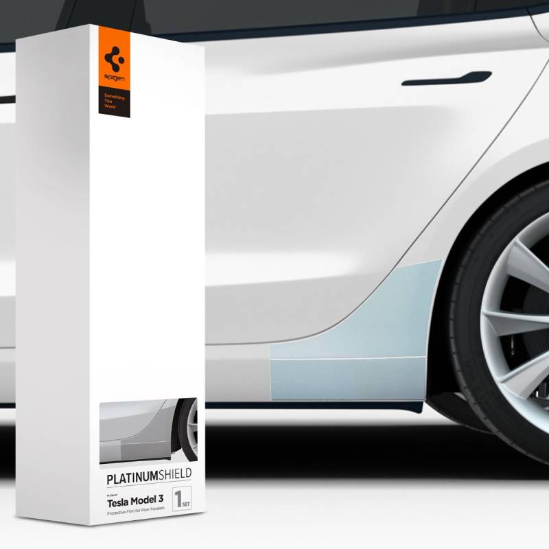 Spigen PlatinumShield Radlaufschutz Folie für Tesla Model 3, 1 Set (2 Stück Lackschutzfolien für rechten und linken Kotflügel + 1 Rakel + 1 Reinigungstuch), Transparent, All-Inclusive-Set von Spigen