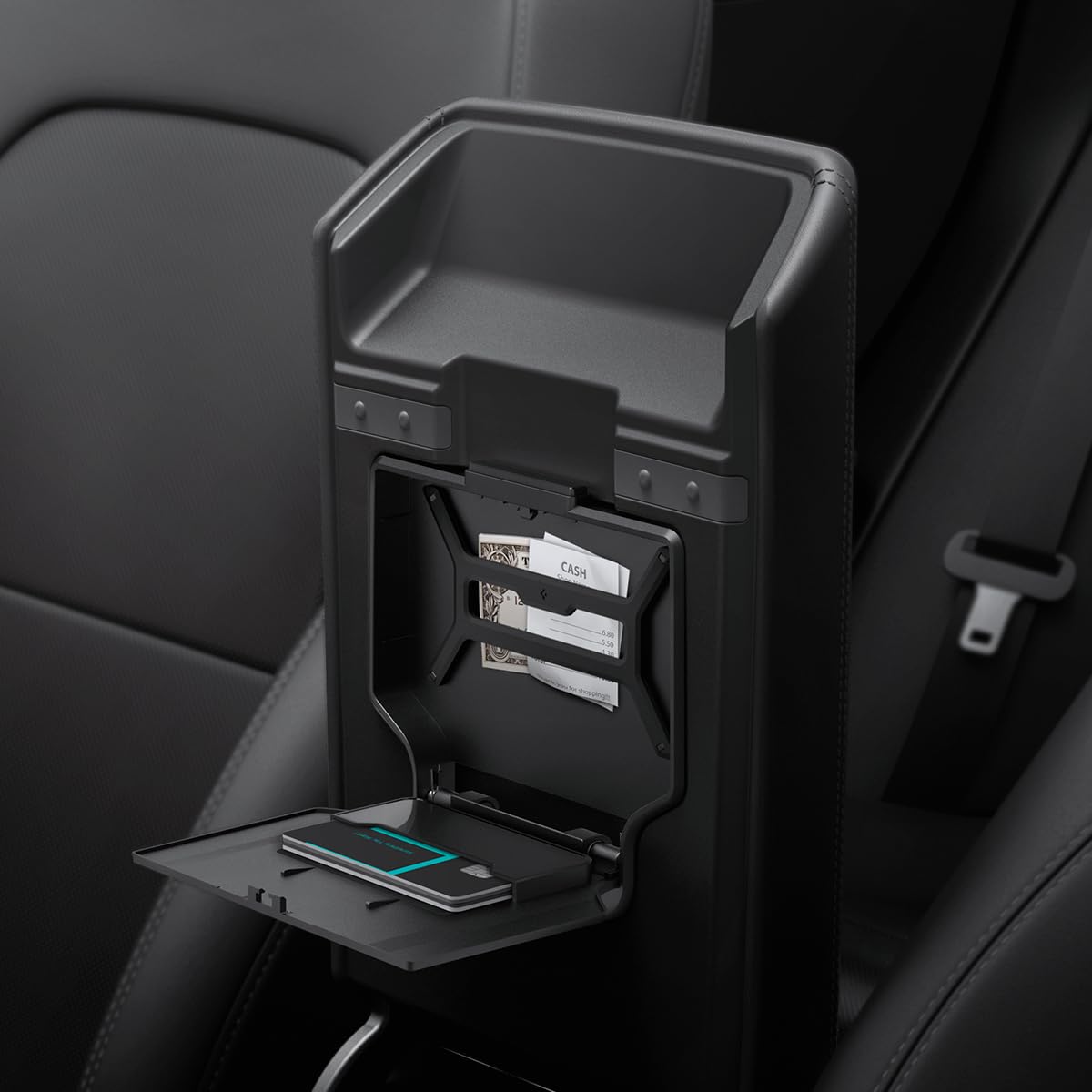 Spigen Tesla Model 3 2024 One-Touch Versteckte Aufbewahrungsbox Entwickelt für Tesla Model 3 2024 Highland, Mittelkonsolen-Organizer-Armlehne für Model 3 Highland Zubehör - Carbon Edition von Spigen