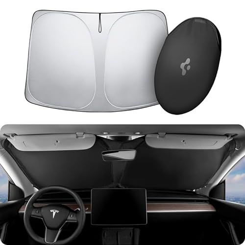 Spigen Tesla Model Y und 3 (~2024 Highland) Auto Sonnenschutz, Faltbare Windschutzscheibe, Frontscheibe Sonnenschutz mit Aufbewahrungstasche, Sonnenblende Abdeckung, Kompatibel mit Tesla Model Y und 3 von Spigen