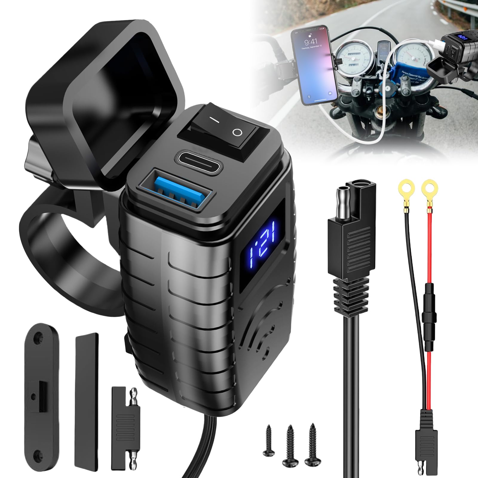 12V Motorrad USB Steckdose, KFZ QC/PD 3.0 Type-C & USB Ladegerät mit Schalter und LED-Spannungsmesser, Quick Charge USB Steckdose für 12V ~24V Motorrad Wohnmobil Auto Boot Yacht von Sporgo