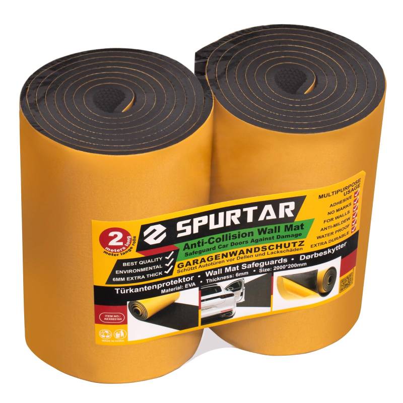 Spurtar Garagen Wandschutz 2 Rollen je 2 m Lang 2000 x 200 x 6 mm, Kantenschutz Selbstklebend, Schaumstoff Polster Stoßfest Rammschutz & Prallschutz, Autotür Schutz Türkantenschutz Auto, Schwarz von Spurtar