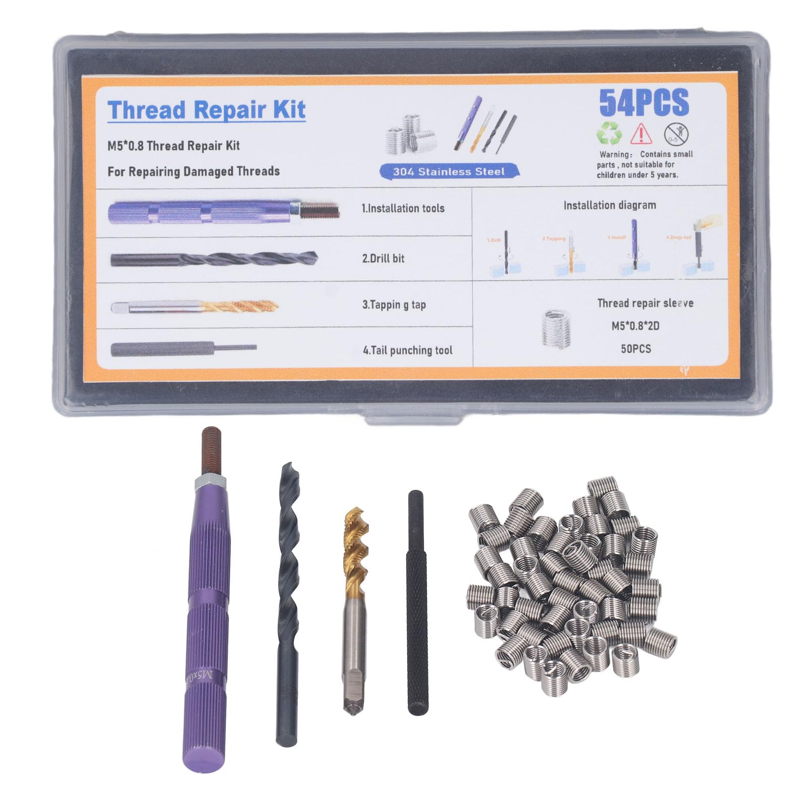 Srliya 54pcs Metrische Fadenreparatur -Kit Stahl M5x0.8x2D -Einsätze, Tap -Werkzeugsatz, für Stärkere Verbindungen und Längere Lebensdauer von Srliya