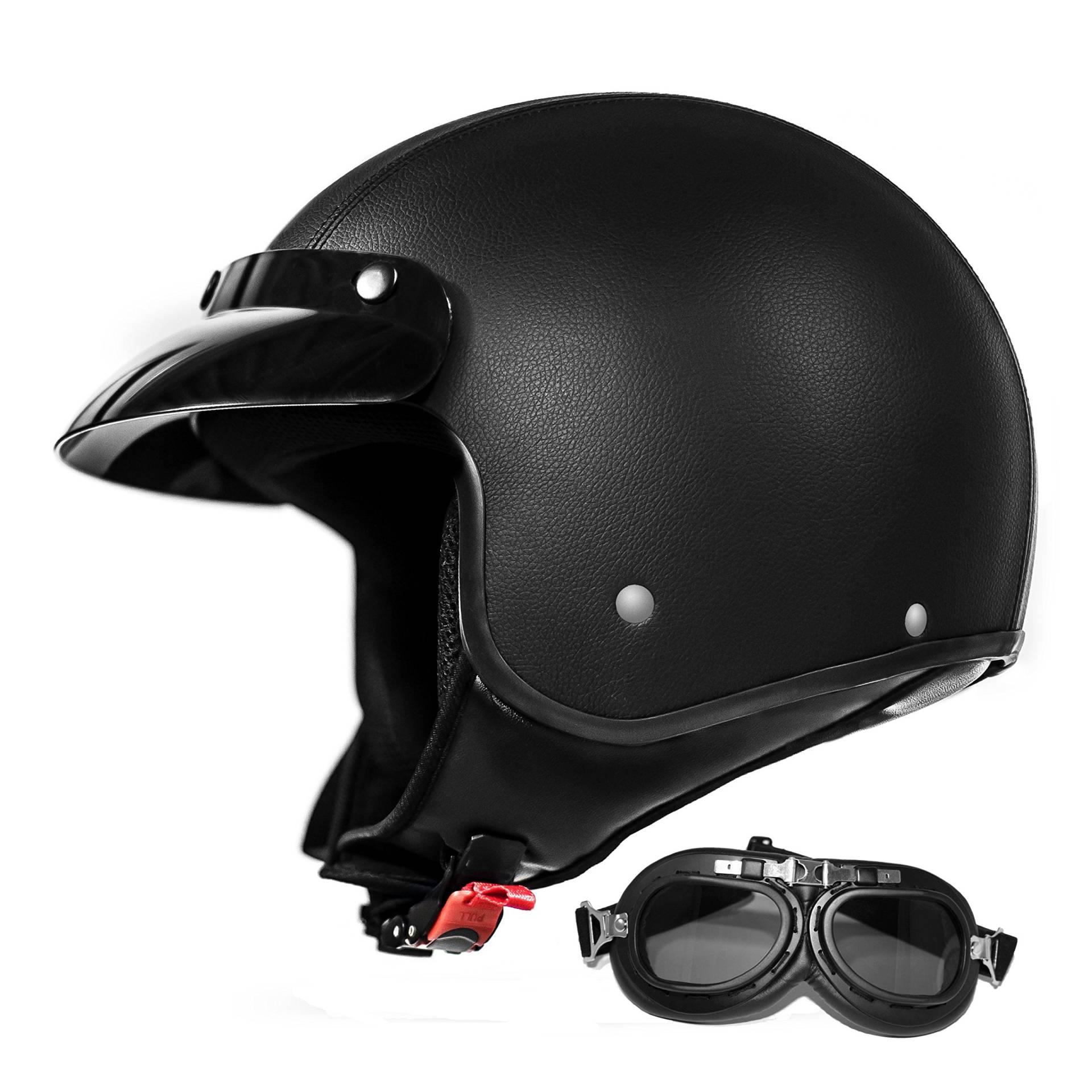 ATO Moto Pilotenhelm Jet Helm mit Leder bezogen + Brille ECE 2205 (M 57/58cm) von ATO Moto