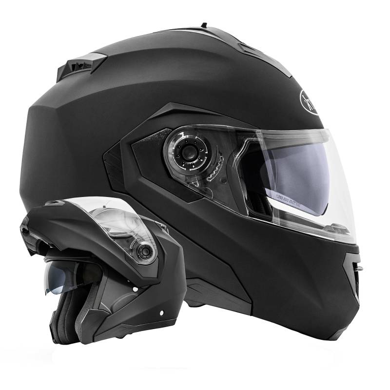 ATO Moto Motorradhelm Montreal Schwarz Klapphelm Integralhelm matt Größe L 59cm bis 60cm mit Doppelvisier System mit Sonnenblende ECE 2205 von ATO Moto