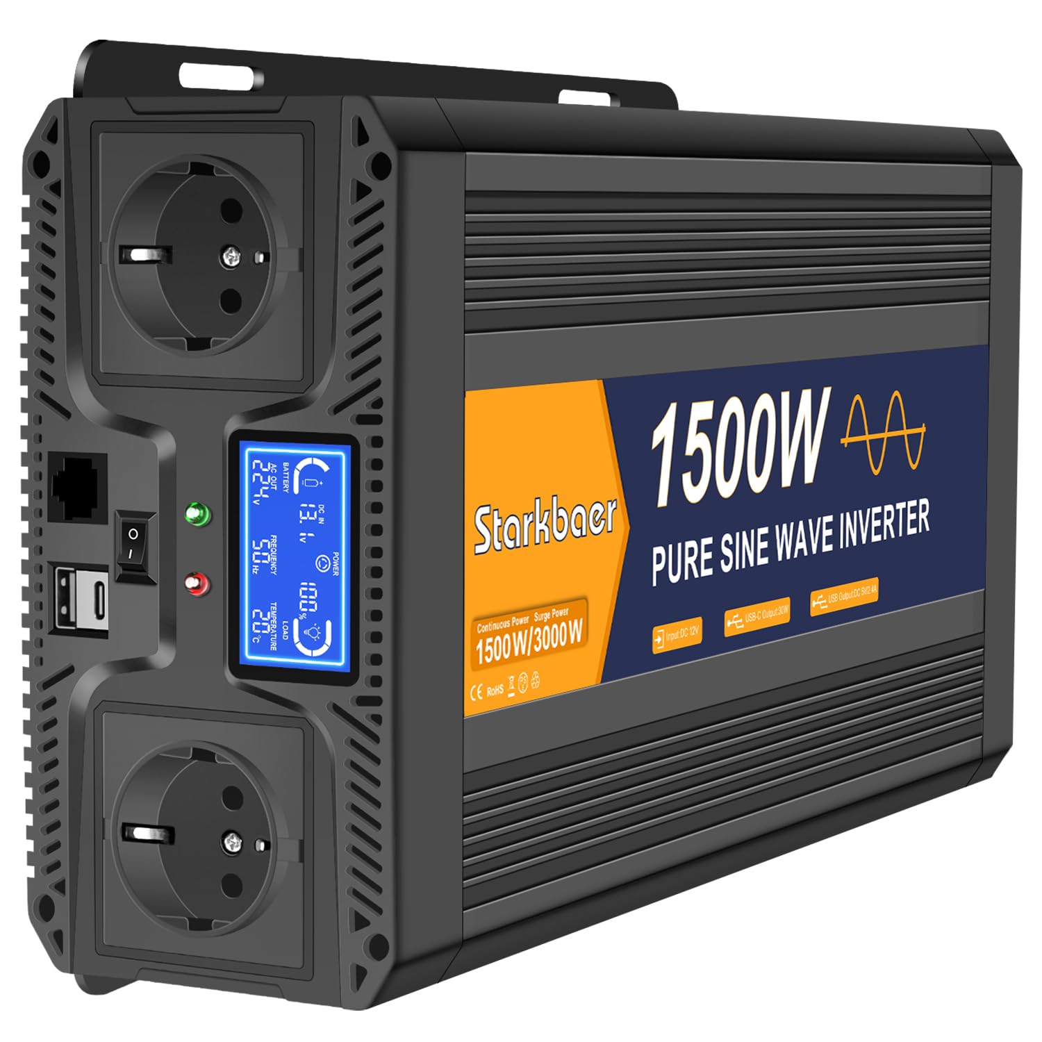 Starkbaer 1500W/3000W Wechselrichter 12v auf 230v Reiner Sinus Spannungswandler Power Inverter KFZ Konverter mit LCD-Bildschirm, Fernbedienung,2 EU AC Steckdosen,1 Type-C und 1 USB Anschlüsse von Starkbaer