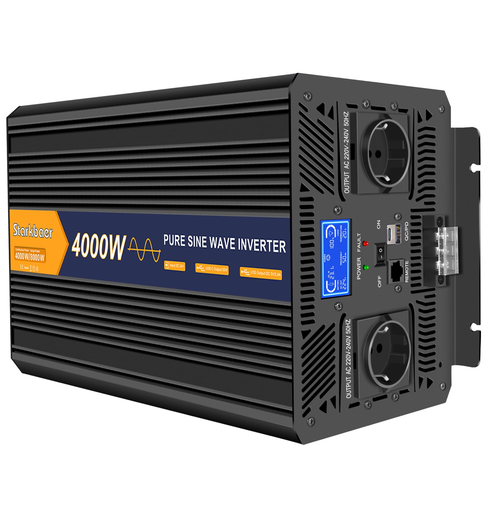 Starkbaer 4000W/8000W Wechselrichter 24v auf 230v Reiner Sinus Spannungswandler Power Inverter KFZ Konverter mit LCD-Bildschirm,Fernbedienung,2 EU AC Steckdosen,1 Type-C und 1 USB Anschlüsse von Starkbaer