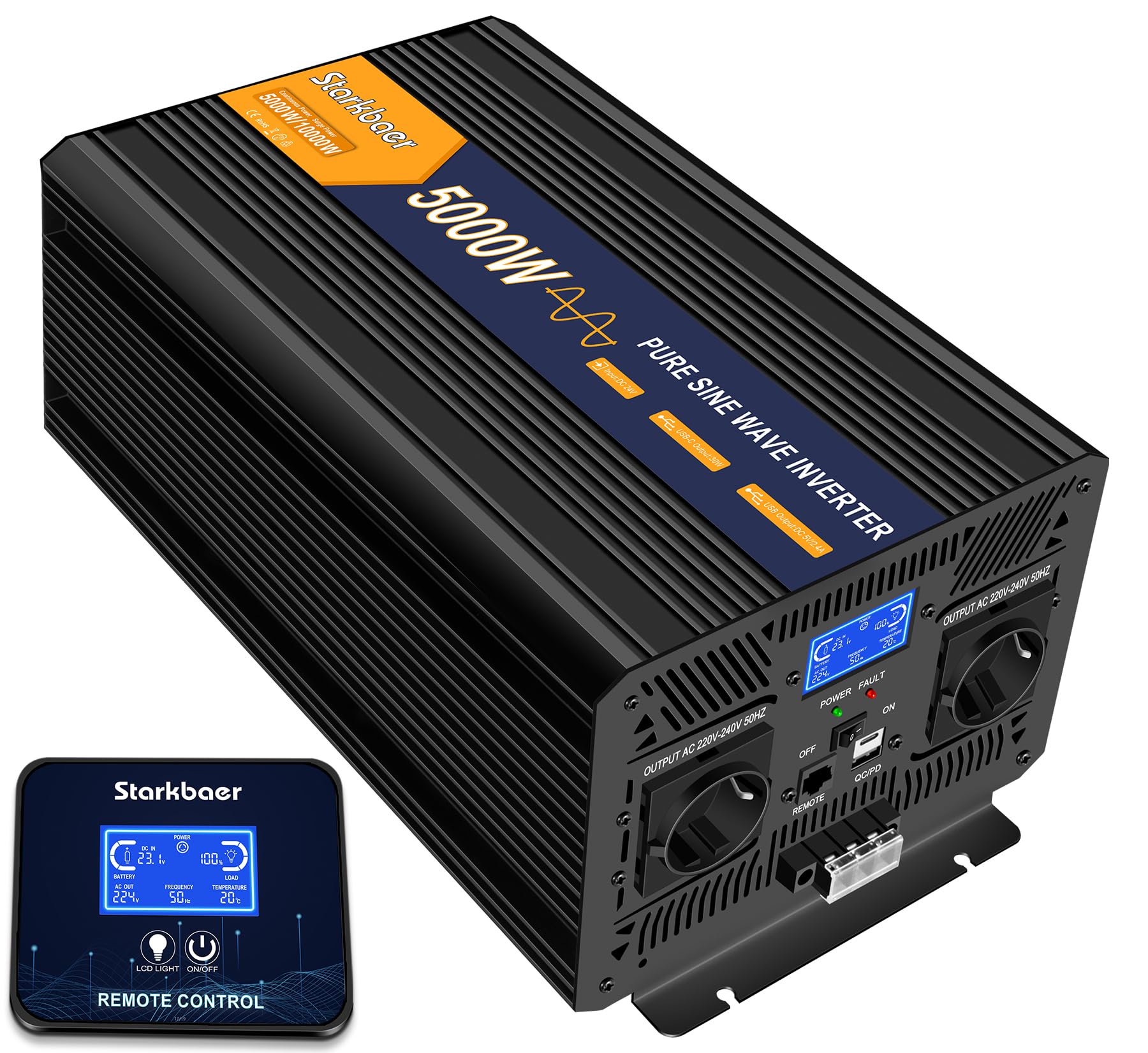 Starkbaer 5000W/10000W Wechselrichter 24v auf 230v Reiner Sinus Spannungswandler Power Inverter KFZ Konverter mit LCD-Bildschirm,Fernbedienung,2 EU AC Steckdosen,1 Type-C und 1 USB Anschlüsse von Starkbaer