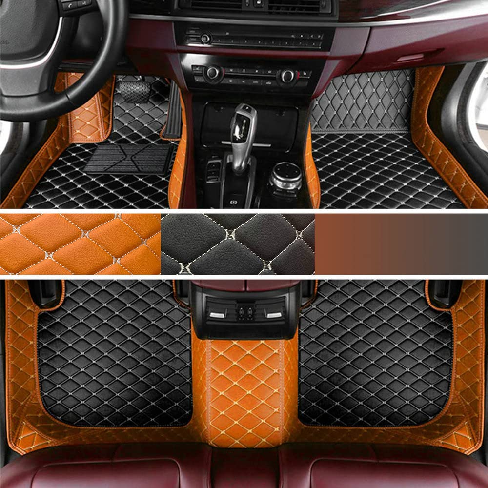 Personalisierung Anpassen Autofussmatten - 3D Luxus PU-Leder Auto Fussmatten Massanfertigung, Nach Maß Fußmatten Kompatibel mit 99% AutoMarke Modell (Orange&Schwarz Beige) von Steemjoey