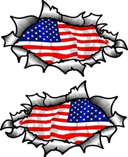 Hand Ein Paar Von OVAL GERISSENES OFFEN ZERRISSEN metall effekt Design Mit Amerikanische Sterne & Streifen US Flagge Vinyl Auto Aufkleber 150x90mm each von Sticar-it