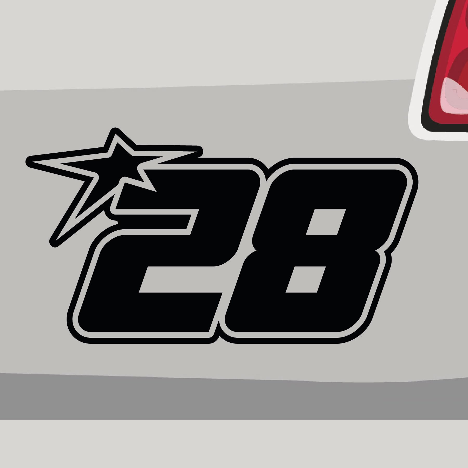 Stickerfreaks Startnummer 28 Aufkleber Race Sticker Stern Star Number Auto Zahl Decal Vinyl Aufkleber Größe: 10x5,5cm (S) | Farbe: 10-weiß | Race Sticker Kleber Deko Tuning Startnummer von Stickerfreaks