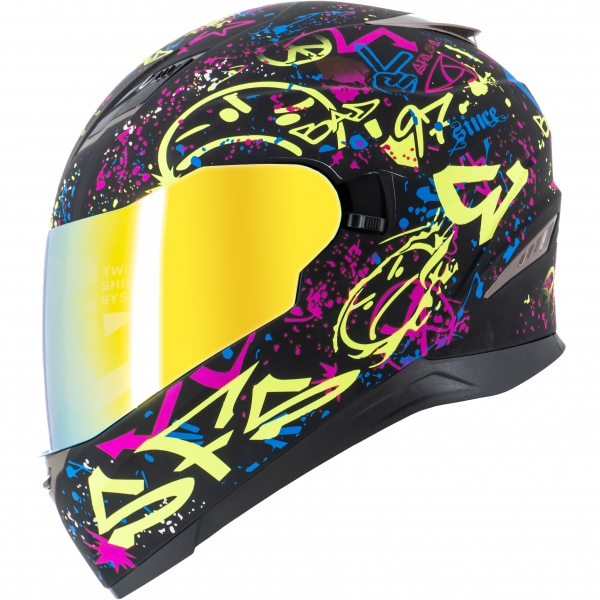 Motorradhelm Sting Graffiti Gelb Sonnenblende + Verspiegeltes Visier von Sting Helme