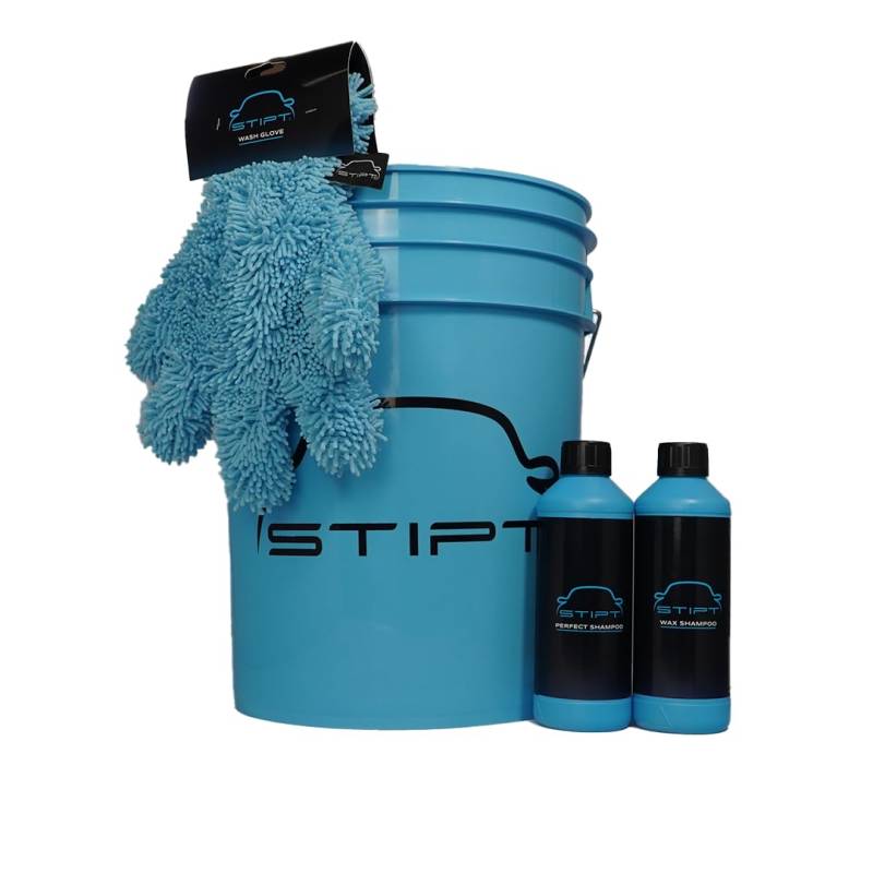 Stipt Basic Wash Package - Autowaschset mit Grit Bucket, Perfect Shampoo, Wax Shampoo und Wash Glove - Komplettset für die manuelle Autowäsche von Stipt