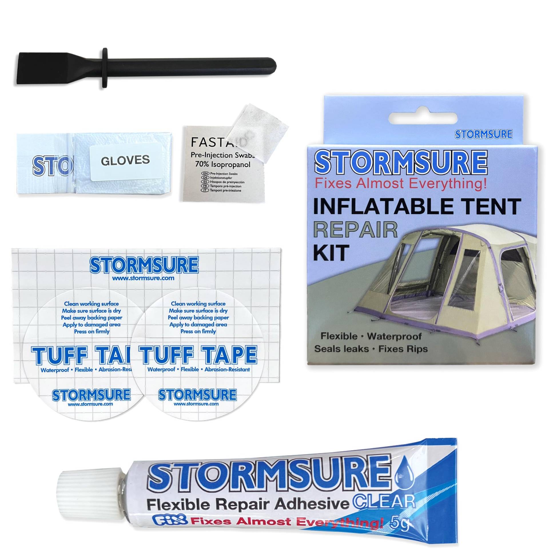 Stormsure Reparaturset für Aufblasbare Zelte - Wasserdichte, Starke Reparaturen für Ihr Zelt mit Stormsure-Kleber und Tuff Tape Selbstklebeflicken von Stormsure