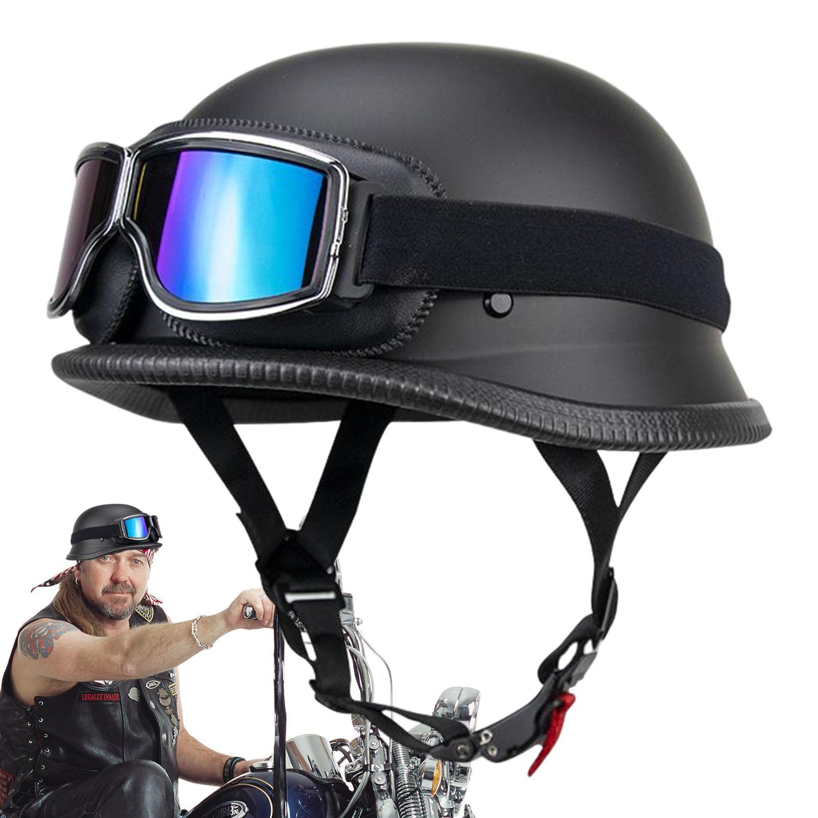 Stronrive Motorradhelme Herren - Vintage Brillen Helme | Retro-Ballkappen-Schutzhelm mit Schutzbrillen-Visier im Deutschen Stil, halbe Kappe für Cruiser Scooter Chopper von Stronrive