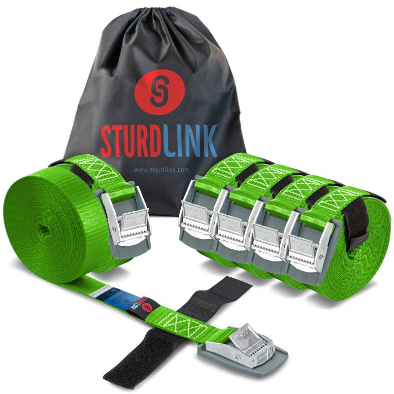 STURDLINK 6 Spanngurte 25 mm 250 kg mit Schnalle, Klettband, Schutz und Aufbewahrungstasche, Länge 4m, Befestigung an Fahrradträger, Kofferraum und Dachträger, Auto, Anhänger, Sackkarre, Wagen von Sturdlink