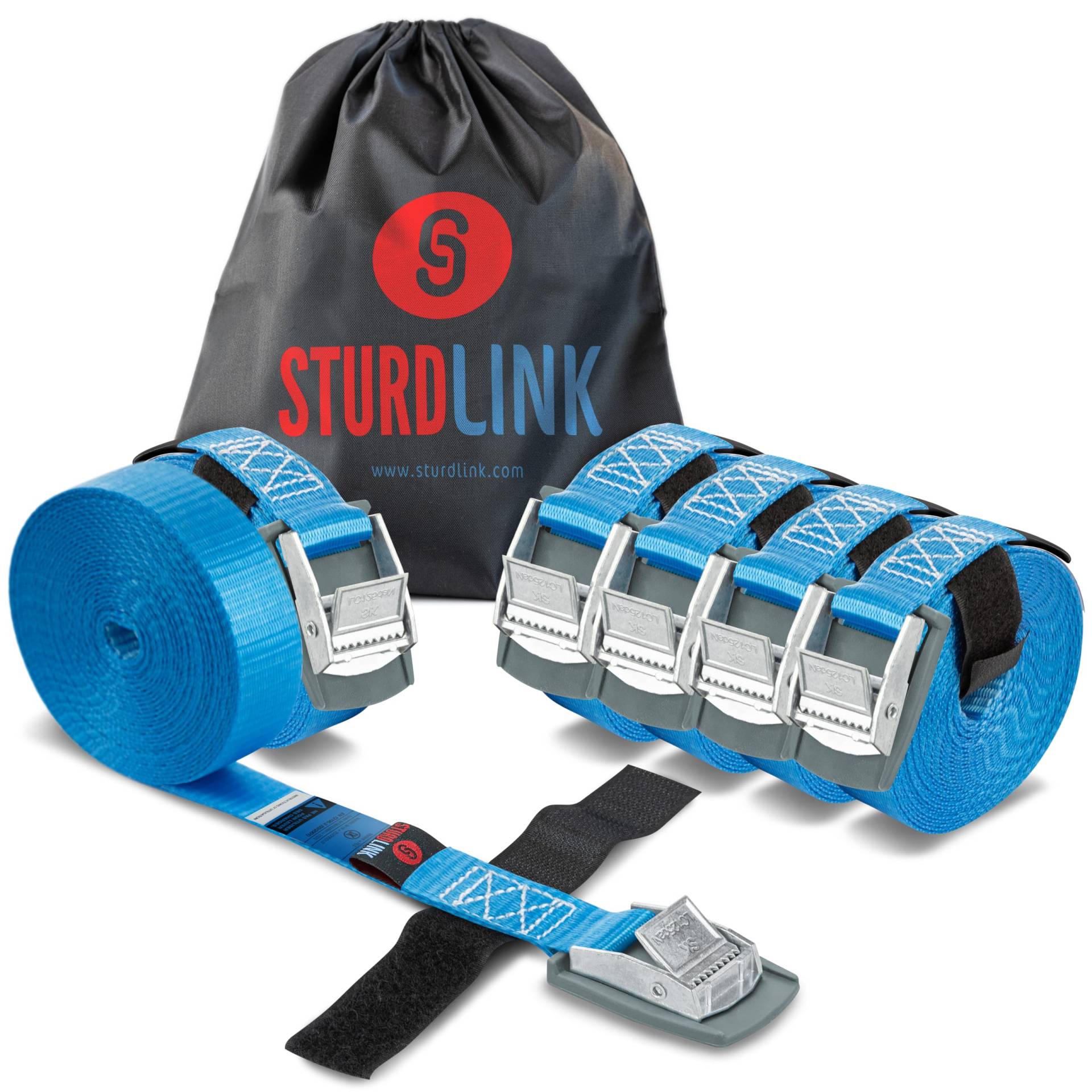 STURDLINK 6 Stück Zurrgurte, 25 mm, 250 kg, mit Klemmnockenschnalle, 3 m, 4 m, 5 m + Tasche, für Fahrradträger, Dachgepäckträger, Anhänger, PKW, LKW, in Blau, aus Polyester von Sturdlink