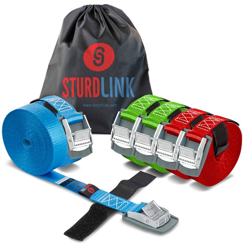 STURDLINK X6 Spanngurte 25mm 250 daN mit Nockenschnalle und Befestigung 2X [3m 4m 5m] + Tasche, für Befestigung an Fahrradtüren, Kofferraum und Dachgepäckträger, Auto, Anhänger, Umzug von Sturdlink