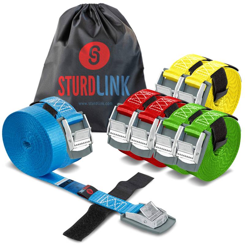 STURDLINK X8 Spanngurte 25 mm 250 daN mit Nockenschnalle, Schutz und Klettband 2X[2m 3m 4m 5m] + Tasche, für Befestigung an Fahrradträger, Kofferraum und Dachgepäckträger, Auto, Anhänger, Umzug von Sturdlink