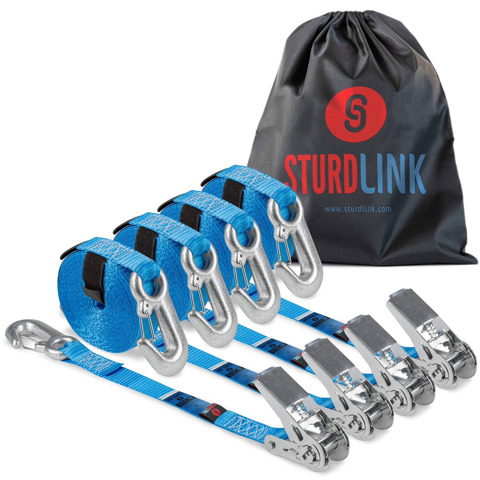 Sturdlink x4 Zurrgurt Set Kleine Ratsche und Verschluss Haken Zweiteilig 25mm 5m Gurtband LC 800daN in U, Befestigung auf Ösen Auto anhänger, Motorrad und Quad Bodenanker, Transport, Zurrösen, Vorzelt von Sturdlink