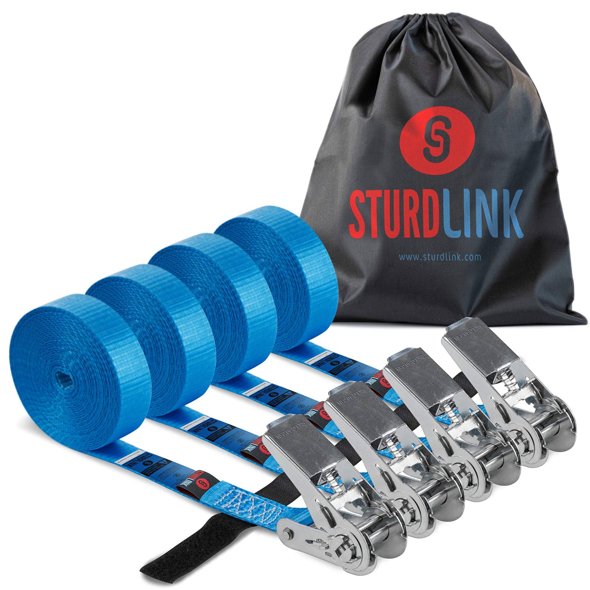 Sturdlink Set aus 4 Stück Spanngurte mit Ratsche Ohne Haken 25mm 5m Einteilig LC 800daN mit Klettverschluss. Ideal Befestigung für Dachträger Auto, Fahrradträger Anhänger, Surfbrett, Kayak Kanu, Umzug von Sturdlink