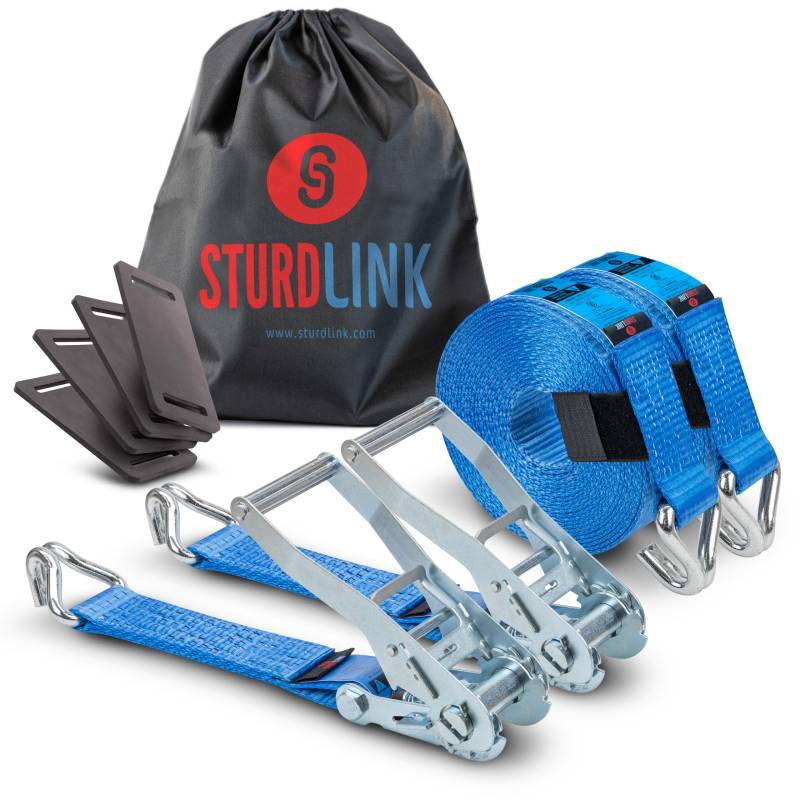 Sturdlink Zurrgurt mit Ratsche und Spitzhaken 50mm Breite 9m Länge LC 2500kg / 5000kg STF 350 daN Blau | 2er-Set + 4er-Schutzschlaufe | Für Transport, Anhänger, LKW, Profiqualität von Sturdlink