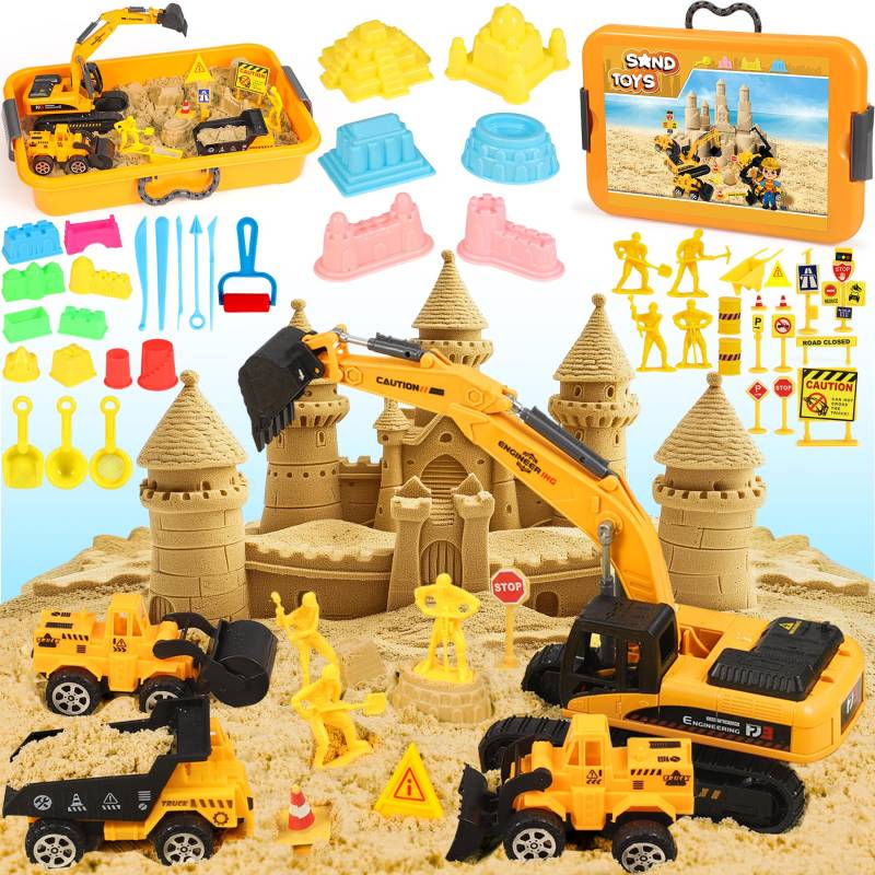 Subtail Magic Sand für Kinder - 6 Baufahrzeuge | 16 Burgformen | 18 Verkehrsschilder - Kinetischer Sand Spielsand Faltbarer Sandkasten - Geschenke für Jungen und MäDchen ab 3 4 5 Jahren von Subtail