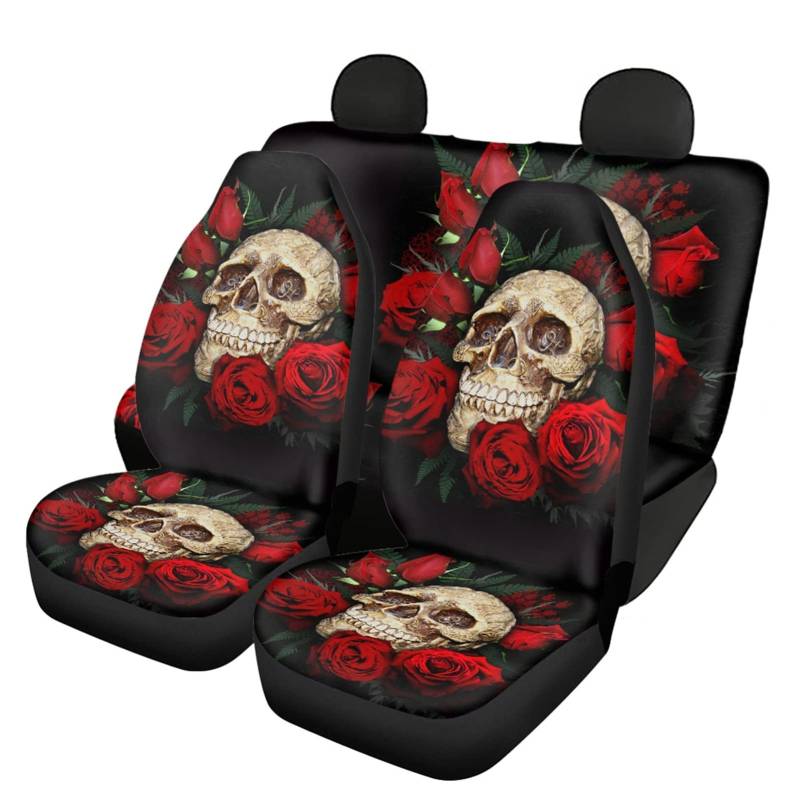 Suhoaziia Autositzbezüge, Motiv: Totenkopf mit roter Rose, dehnbar, 4 Stück von Suhoaziia