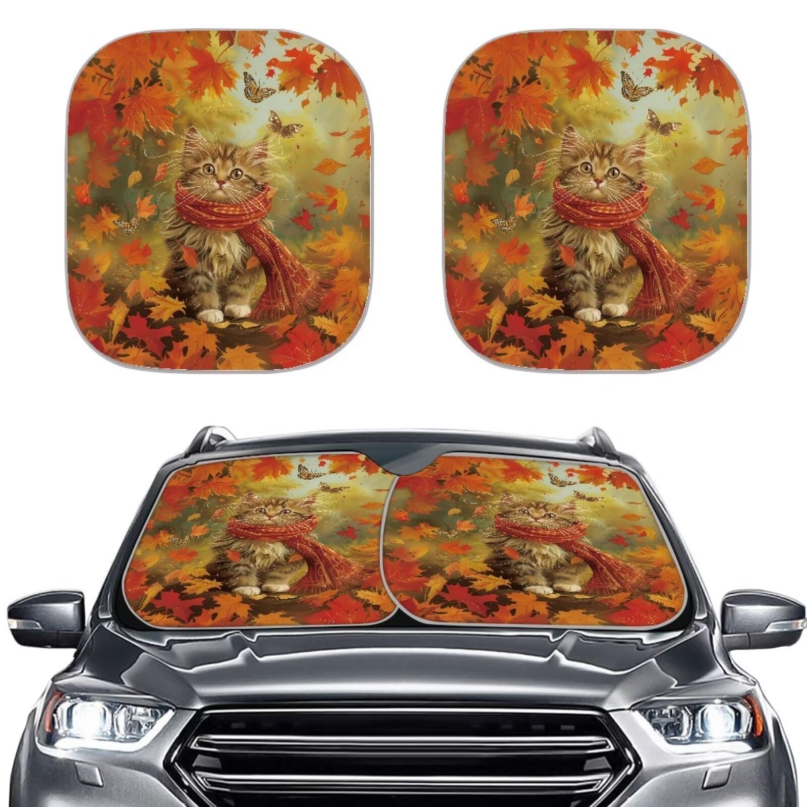 Suhoaziia Fall Maple Leaf Cat 2 Stück Auto Sonnenschutz für Frontscheibe blockiert UV-Strahlen Front Faltbare Windschutzscheibenabdeckung Universal Fit für Auto LKW Van SUV Thanksgiving Auto Dekor von Suhoaziia