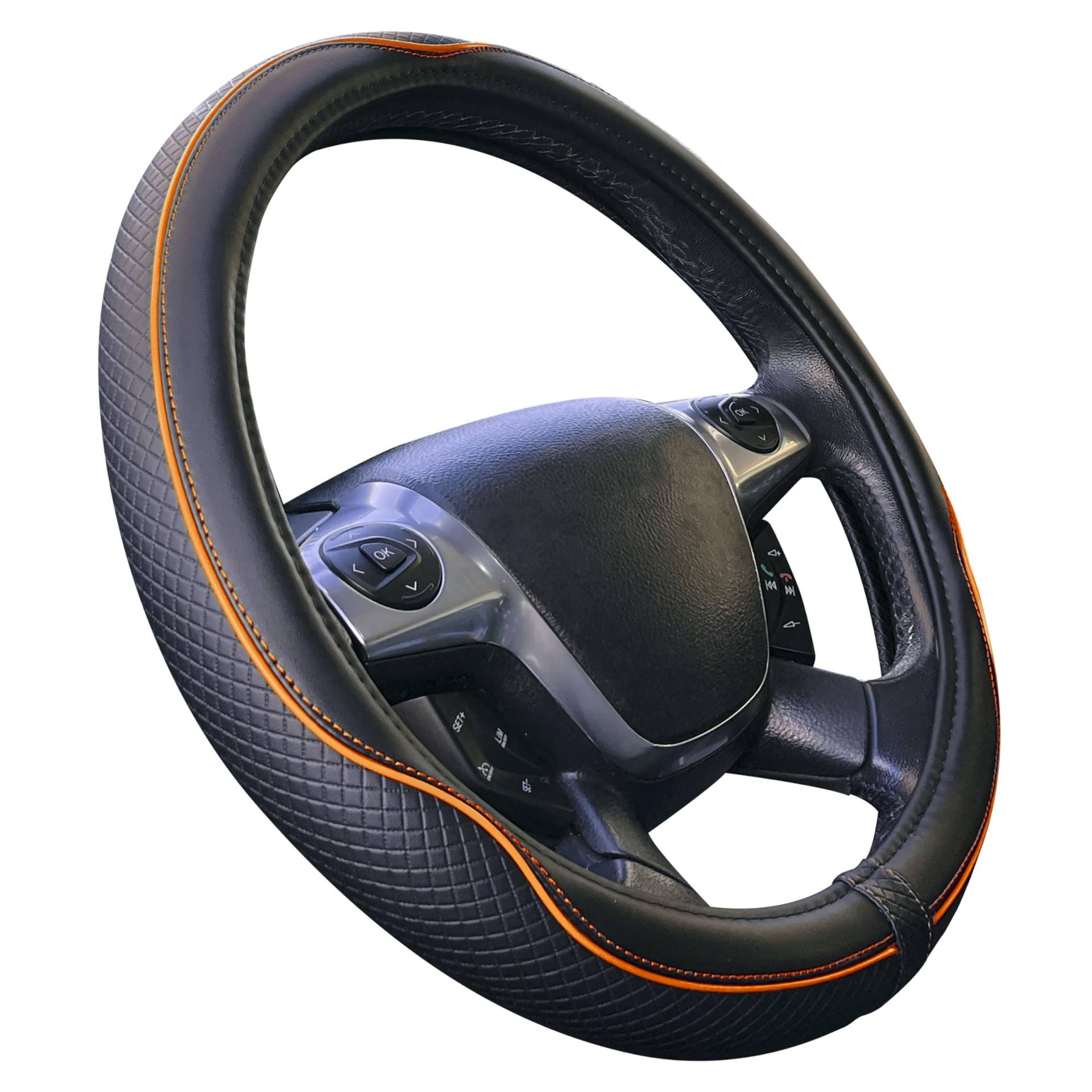 Universal-Lenkradbezug für Auto, Modell Centauro, schwarz, orange, Kunstleder, 37-39 cm, rutschfest, atmungsaktiv, Carbon-Effekt von Sumex