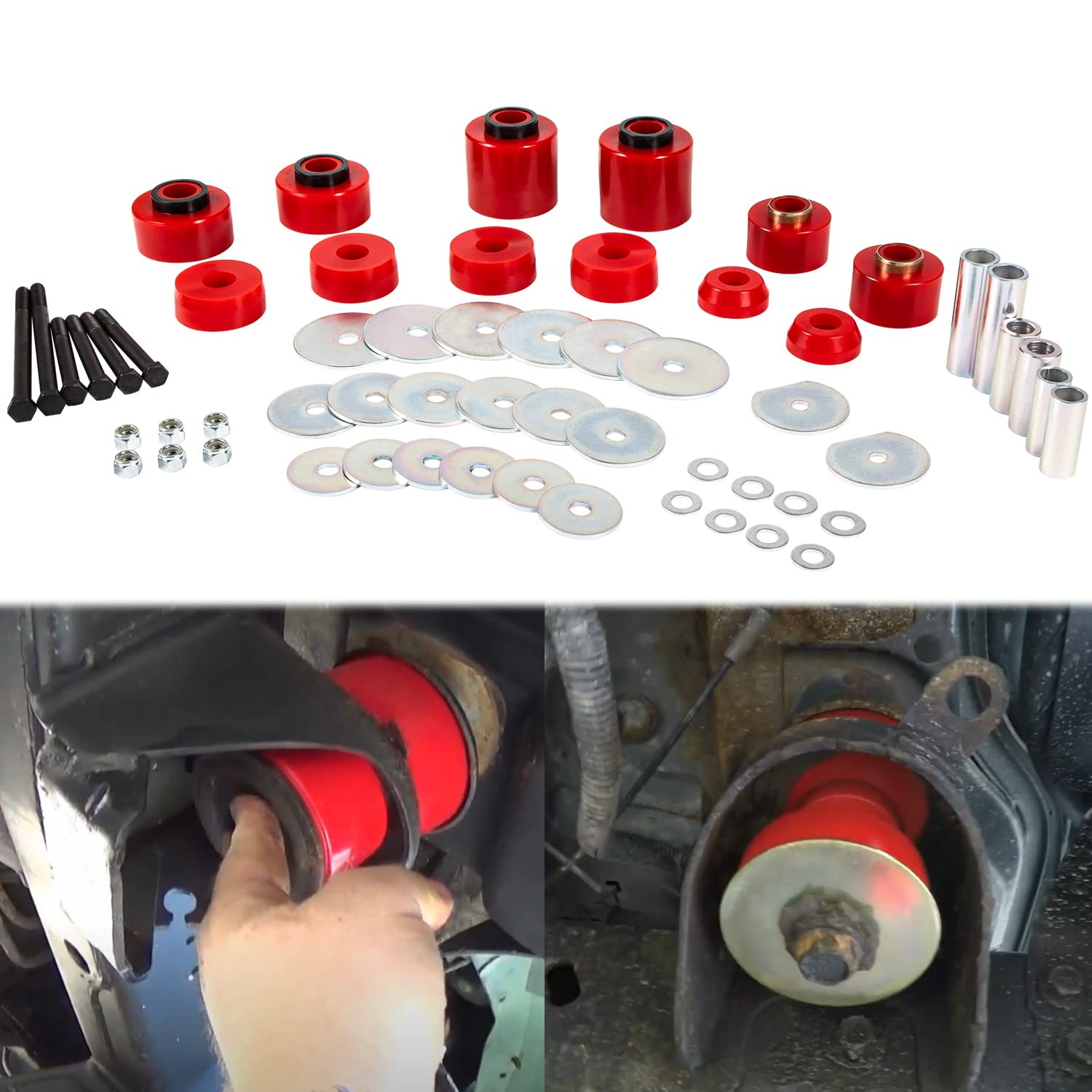 4.4123R Karosseriebuchsen-Set für Ford F150 F250 F350 Polyurethan Karosseriehalterungen Stahlhülsen und Hardware, Rot, 58 Stück von Sunluway