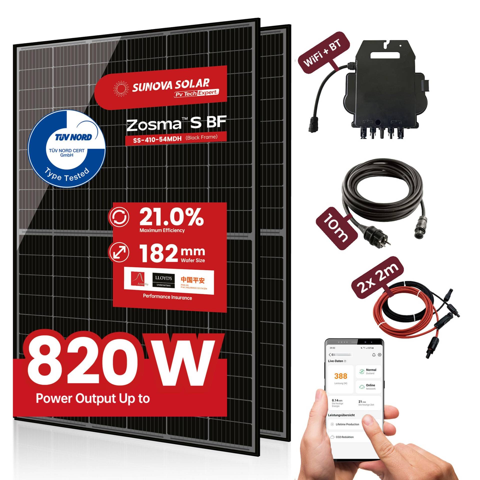 Balkonkraftwerk 820 Watt Komplettset mit 2 x 410W Mono-PERC Solarmodulen der Marke Sunova Solar, Steckdose, Wechselrichter von APsystems, 10 Meter Schukokabel, 2 x 2 Meter DC Kabel, ohne Halterung von Sunova Solar